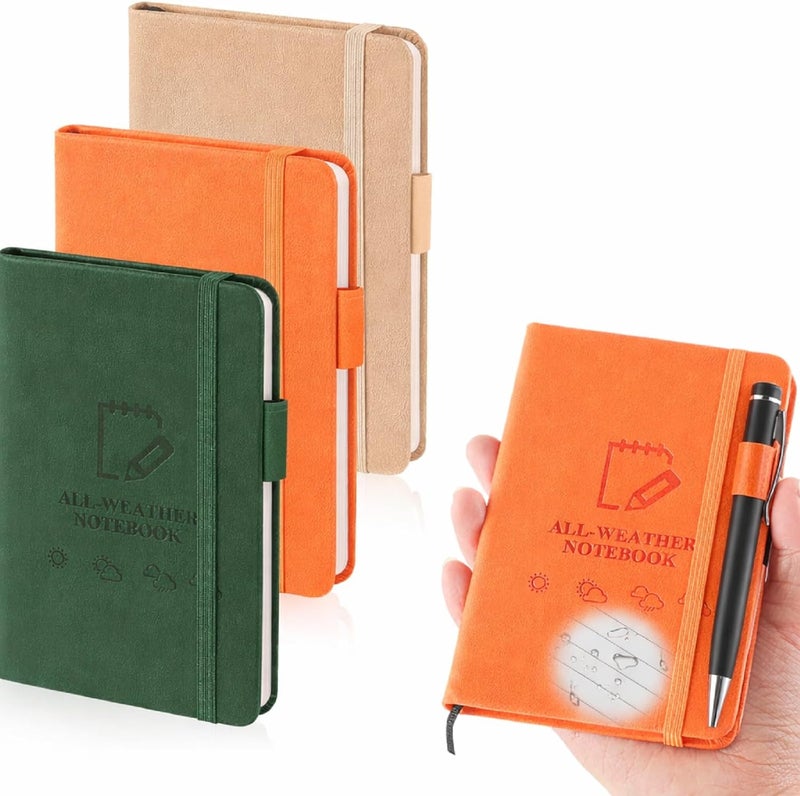 Resholder 3 Packs Waterproof Notebook 4" x 6" Stone Paper Notebook All-weather Small Pocket Notepad A6 Steno Pads Rain Waterproof Notepad for Woodworker Outdoor Wild Hiking(Brown, Green, Orange) - Image 1